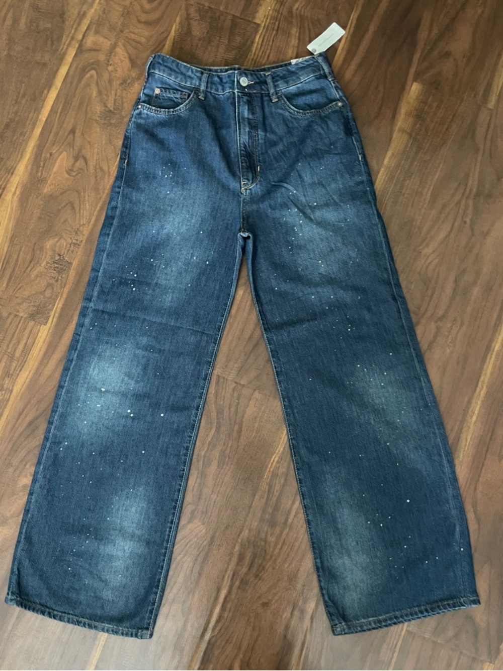 Anthropologie High-Rise Wide-Leg Jeans in Dark Blue with Paint-Splatter